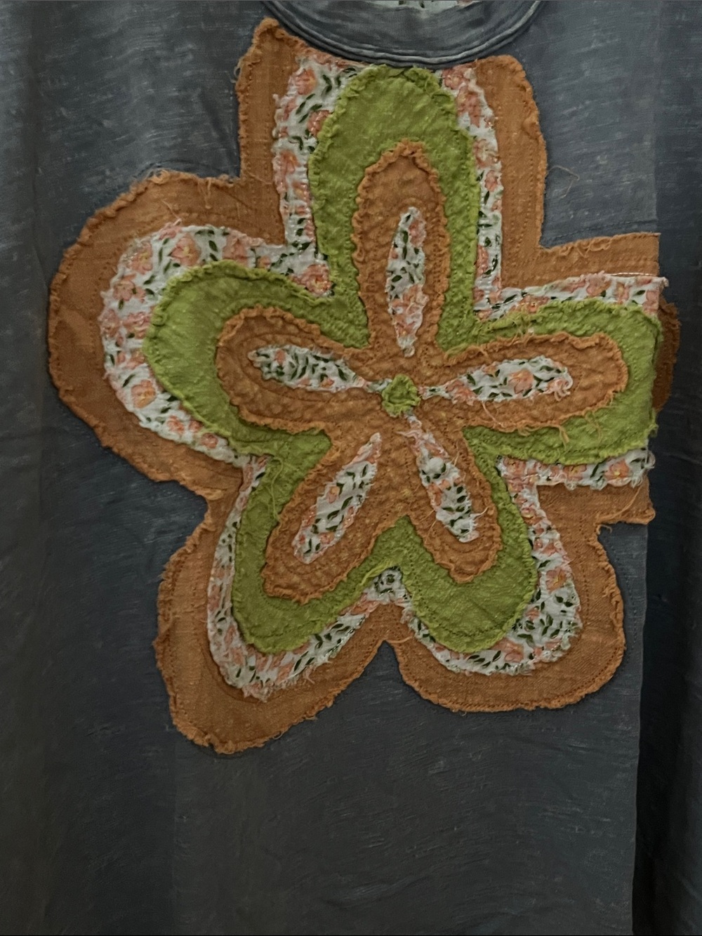 Easel Muted Periwinkle Tee w/Textured Floral Appliqué & Floral Trimmed Sleeves - Picture 3 of 11